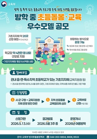 교육부, 2026년 방학 중 초등돌봄‧교육 우수모델 공모